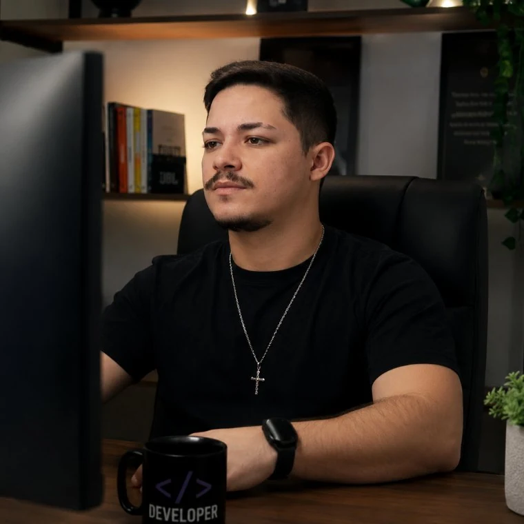Alisson Santos no escritório, trabalhando no computador.